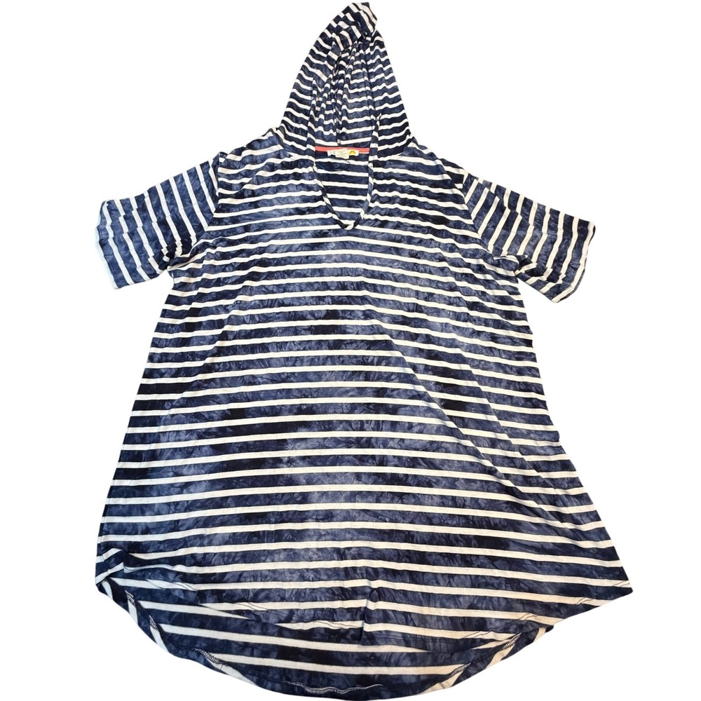C&C California Womens 3X Navy Blue White Striped Tie Dye Short Sleeve Hoodie Top